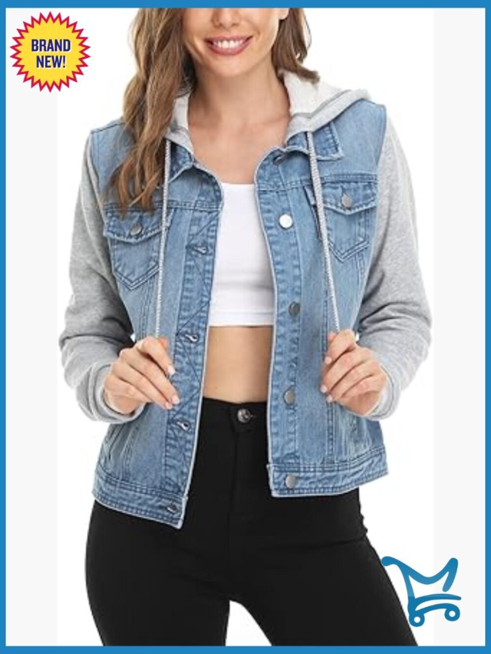Women's Casual Layered Drawstring Hood Denim Jacket with Pockets